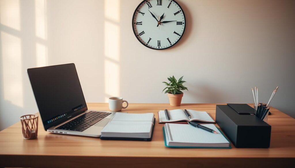 An organized workspace with a clear daily routine, bathed in warm, focused lighting. On a neatly arranged desk, a laptop, a planner, and a cup of coffee sit in harmonious alignment, symbolizing productivity and structure. The background features a minimalist, neutral-toned wall, creating a sense of calm and clarity. A large analog clock on the wall serves as a visual cue for time management, while a small plant adds a touch of life and natural energy to the scene. The entire composition conveys a feeling of purposeful, consistent control over one's work schedule and environment.