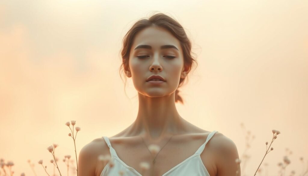 Atmospheric portrait of emotional wellness. A serene, ethereal figure standing amidst a calming, pastel-hued landscape. Soft, diffused lighting envelops the scene, creating a sense of tranquility and introspection. The figure's expression conveys a state of emotional balance and self-awareness, with a subtle hint of spiritual connection. Delicate floral elements and a mist-like background add to the meditative, introspective mood. Composition emphasizes the harmony between the internal and external realms, reflecting the essence of emotional fitness. Atmospheric portrait of emotional wellness. A serene, ethereal figure standing amidst a calming, pastel-hued landscape. Soft, diffused lighting envelops the scene, creating a sense of tranquility and introspection. The figure's expression conveys a state of emotional balance and self-awareness, with a subtle hint of spiritual connection. Delicate floral elements and a mist-like background add to the meditative, introspective mood. Composition emphasizes the harmony between the internal and external realms, reflecting the essence of emotional fitness.