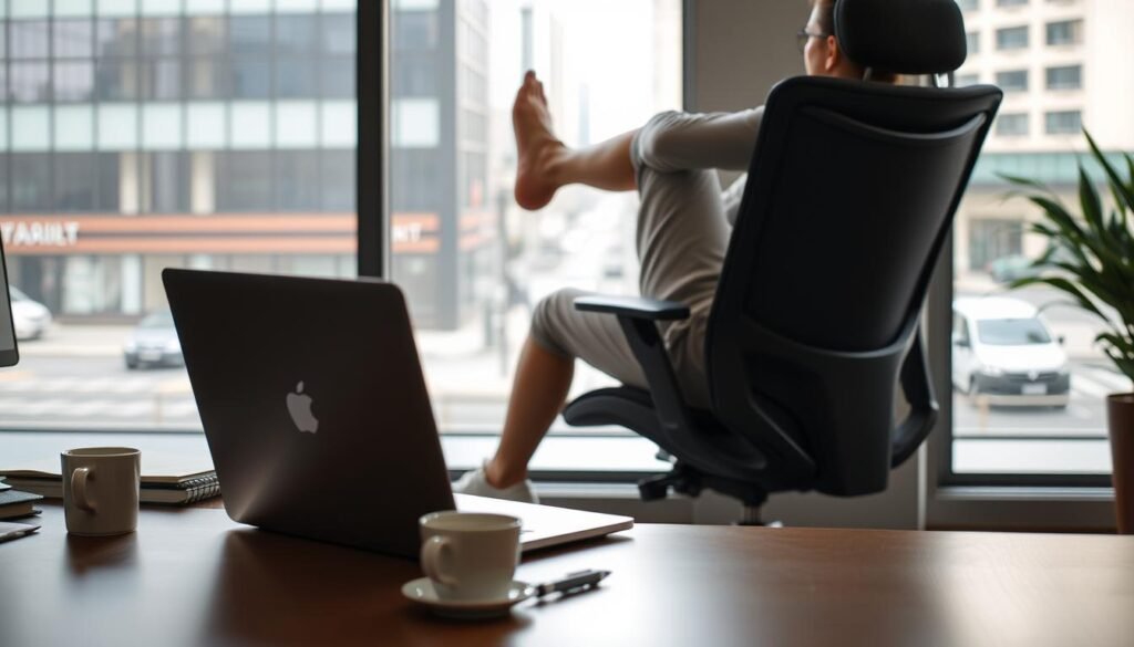 Desk stretches for leg relief: A well-lit office scene, with a desk in the foreground. On the desk, a laptop, a cup of coffee, and a pen and notebook. In the middle ground, a person sitting in an ergonomic chair, performing leg stretches - extending one leg out, bending the other knee, and gently rotating the ankle. The background features a large window, letting in natural light and offering a glimpse of a bustling city street outside. The overall mood is relaxed and focused, conveying the importance of taking breaks and caring for one's physical well-being during long hours at the desk. Desk stretches for leg relief: A well-lit office scene, with a desk in the foreground. On the desk, a laptop, a cup of coffee, and a pen and notebook. In the middle ground, a person sitting in an ergonomic chair, performing leg stretches - extending one leg out, bending the other knee, and gently rotating the ankle. The background features a large window, letting in natural light and offering a glimpse of a bustling city street outside. The overall mood is relaxed and focused, conveying the importance of taking breaks and caring for one's physical well-being during long hours at the desk.