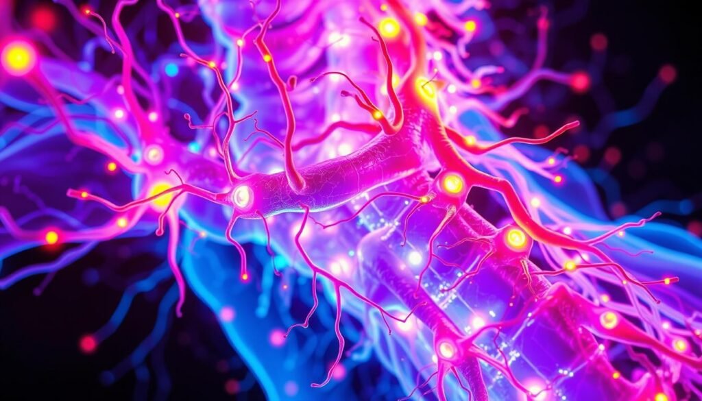 Detailed cross-section of the human nervous system, with a close-up view of the spinal cord and intricate networks of neurons firing in response to stimuli. Vibrant neon-colored impulses surge through the delicate neural pathways, creating a captivating visual representation of the body's electrical communication system. Lit from within with a warm, soothing glow, the scene conveys a sense of serenity and balance, highlighting the vital role of the nervous system in maintaining physiological equilibrium. Captured through a high-resolution, macro-lens perspective to emphasize the intricate, mesmerizing patterns of the nerves. Detailed cross-section of the human nervous system, with a close-up view of the spinal cord and intricate networks of neurons firing in response to stimuli. Vibrant neon-colored impulses surge through the delicate neural pathways, creating a captivating visual representation of the body's electrical communication system. Lit from within with a warm, soothing glow, the scene conveys a sense of serenity and balance, highlighting the vital role of the nervous system in maintaining physiological equilibrium. Captured through a high-resolution, macro-lens perspective to emphasize the intricate, mesmerizing patterns of the nerves.