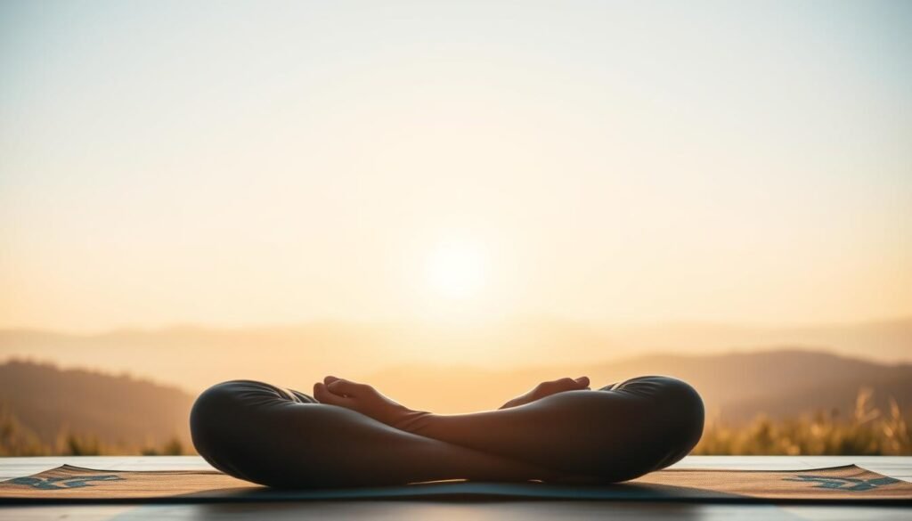 Detailed scene of a person performing breathing exercises to improve focus. In the foreground, a person sits cross-legged on a yoga mat, their hands resting on their knees, eyes closed as they take deep, measured breaths. In the middle ground, a soft, warm light illuminates the scene, creating a calming atmosphere. In the background, a tranquil landscape with gentle rolling hills and a clear sky, conveying a sense of peace and serenity. The lighting is natural and diffused, with a slight haze to create a dreamlike quality. The composition is balanced and symmetrical, drawing the viewer's attention to the central figure and their breathing practice.