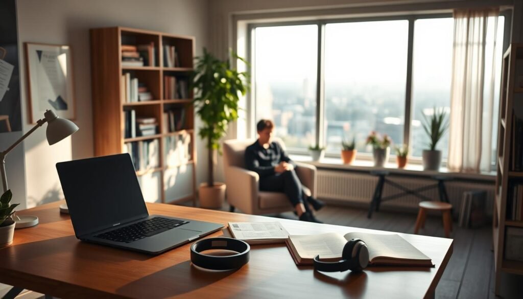Mastering deep work strategies: A serene workspace illuminated by soft, natural lighting, with a laptop, notebook, and a pair of noise-canceling headphones on a minimalist, wooden desk. In the middle ground, a person sits in a comfortable chair, deeply focused on their work, surrounded by bookshelves and potted plants, creating a calm and productive atmosphere. The background features a large window overlooking a tranquil urban landscape, emphasizing the importance of balance and respite during deep work sessions. Mastering deep work strategies: A serene workspace illuminated by soft, natural lighting, with a laptop, notebook, and a pair of noise-canceling headphones on a minimalist, wooden desk. In the middle ground, a person sits in a comfortable chair, deeply focused on their work, surrounded by bookshelves and potted plants, creating a calm and productive atmosphere. The background features a large window overlooking a tranquil urban landscape, emphasizing the importance of balance and respite during deep work sessions.