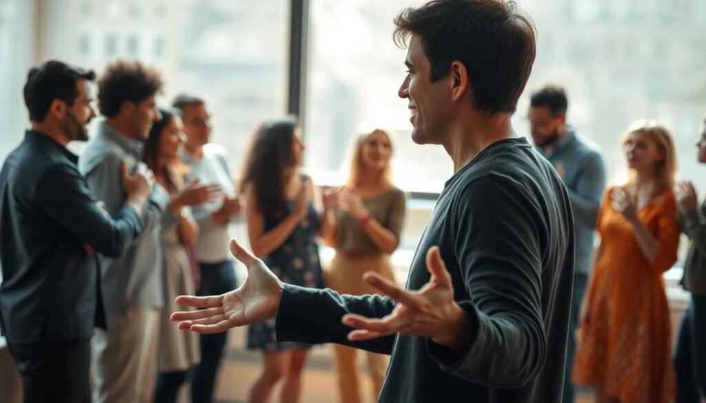 Nonverbal communication: A dynamic interplay of body gestures, facial expressions, and subtle movements. In the foreground, a person stands with an open, inviting posture, arms gesturing expressively. The middle ground showcases diverse individuals engaged in animated discussion, their body language mirroring their words. The background is bathed in warm, natural lighting, creating a sense of openness and connection. Subtle camera angles capture the nuances of interpersonal dynamics, highlighting the power of non-verbal cues to convey meaning and enhance understanding.