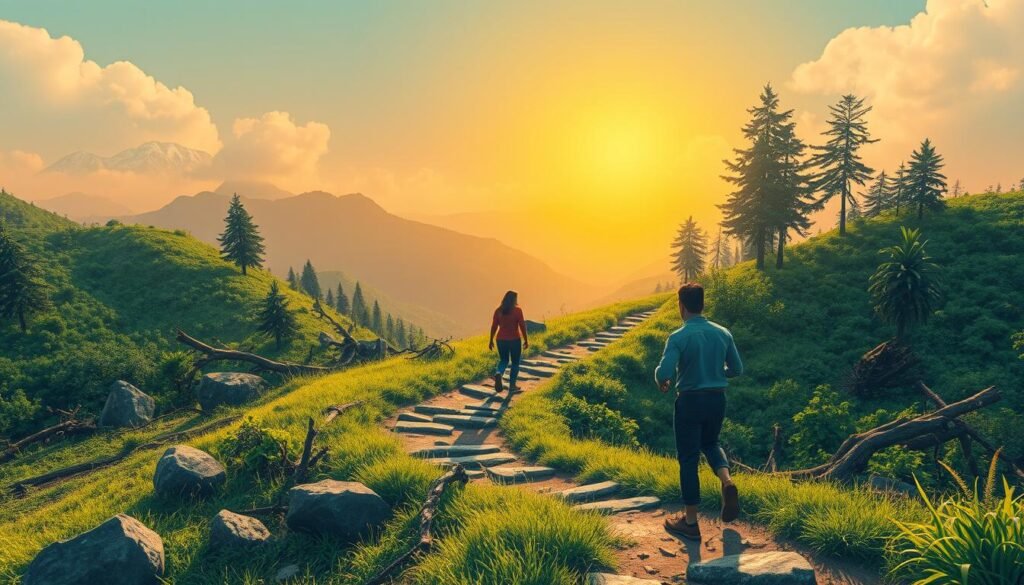Overcoming challenges: A vibrant scene depicting a person navigating a winding path through a lush, verdant landscape. In the foreground, the individual faces a series of obstacles - boulders, fallen trees, and steep inclines - symbolizing the challenges they must overcome. The middle ground showcases a mix of light and shadow, conveying a sense of determination and resilience. In the background, a warm, golden sun casts a glow over the scene, suggesting the potential for growth and success beyond the current difficulties. The overall composition evokes a sense of perseverance, problem-solving, and a positive outlook in the face of adversity.