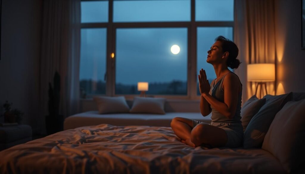 Peaceful evening scene, dimly lit bedroom with soothing natural light. In the foreground, a person sitting cross-legged on a couch, eyes closed, hands resting on knees as they practice calming, mindful breathing exercises to induce deep relaxation. Soft, cozy bedding and pillows in the middle ground, creating a comfortable, inviting atmosphere. In the background, a large window overlooking a serene, moonlit landscape, emphasizing the tranquil, meditative mood. Subtle, warm tones and soft shadows enhance the sense of calmness and ease. Cinematic, high-quality photographic rendering with a shallow depth of field. Peaceful evening scene, dimly lit bedroom with soothing natural light. In the foreground, a person sitting cross-legged on a couch, eyes closed, hands resting on knees as they practice calming, mindful breathing exercises to induce deep relaxation. Soft, cozy bedding and pillows in the middle ground, creating a comfortable, inviting atmosphere. In the background, a large window overlooking a serene, moonlit landscape, emphasizing the tranquil, meditative mood. Subtle, warm tones and soft shadows enhance the sense of calmness and ease. Cinematic, high-quality photographic rendering with a shallow depth of field.