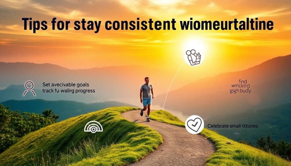 Prompt A vibrant and motivational image depicting tips for staying consistent with a daily walking routine. In the foreground, a person walking confidently on a winding path, surrounded by lush greenery and a serene landscape. The middle ground showcases inspirational messages and icons representing various tips, such as setting achievable goals, tracking progress, finding a walking buddy, and celebrating small victories. The background features a warm, sun-drenched sky with wispy clouds, creating an uplifting and energizing atmosphere. The overall composition is visually striking, using a balanced and symmetrical layout to guide the viewer's eye through the different elements. The lighting is natural and diffused, highlighting the details and creating a sense of depth and dimensionality. Prompt A vibrant and motivational image depicting tips for staying consistent with a daily walking routine. In the foreground, a person walking confidently on a winding path, surrounded by lush greenery and a serene landscape. The middle ground showcases inspirational messages and icons representing various tips, such as setting achievable goals, tracking progress, finding a walking buddy, and celebrating small victories. The background features a warm, sun-drenched sky with wispy clouds, creating an uplifting and energizing atmosphere. The overall composition is visually striking, using a balanced and symmetrical layout to guide the viewer's eye through the different elements. The lighting is natural and diffused, highlighting the details and creating a sense of depth and dimensionality.