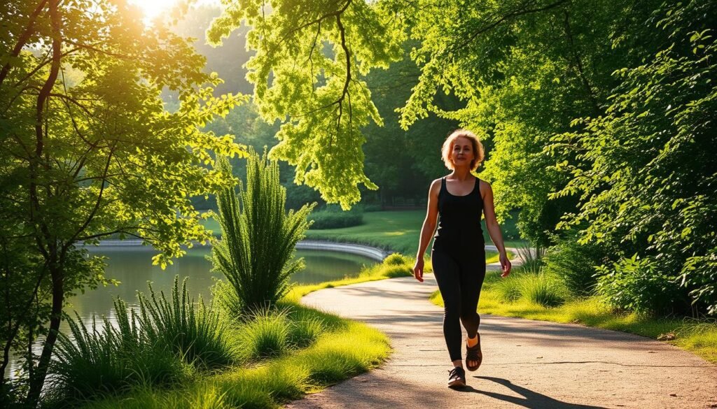 Serene landscape of a mindful walker immersed in nature, strolling along a winding path flanked by lush greenery. Gentle sunlight filters through the canopy, casting a warm glow on the scene. The walker's posture is relaxed, their gaze focused inward as they breathe deeply, fully present in the moment. In the background, a tranquil pond reflects the surrounding foliage, adding to the sense of calm and contemplation. The composition emphasizes the harmony between the individual and their natural environment, conveying the benefits of mindful walking through a serene, immersive visual. Serene landscape of a mindful walker immersed in nature, strolling along a winding path flanked by lush greenery. Gentle sunlight filters through the canopy, casting a warm glow on the scene. The walker's posture is relaxed, their gaze focused inward as they breathe deeply, fully present in the moment. In the background, a tranquil pond reflects the surrounding foliage, adding to the sense of calm and contemplation. The composition emphasizes the harmony between the individual and their natural environment, conveying the benefits of mindful walking through a serene, immersive visual.