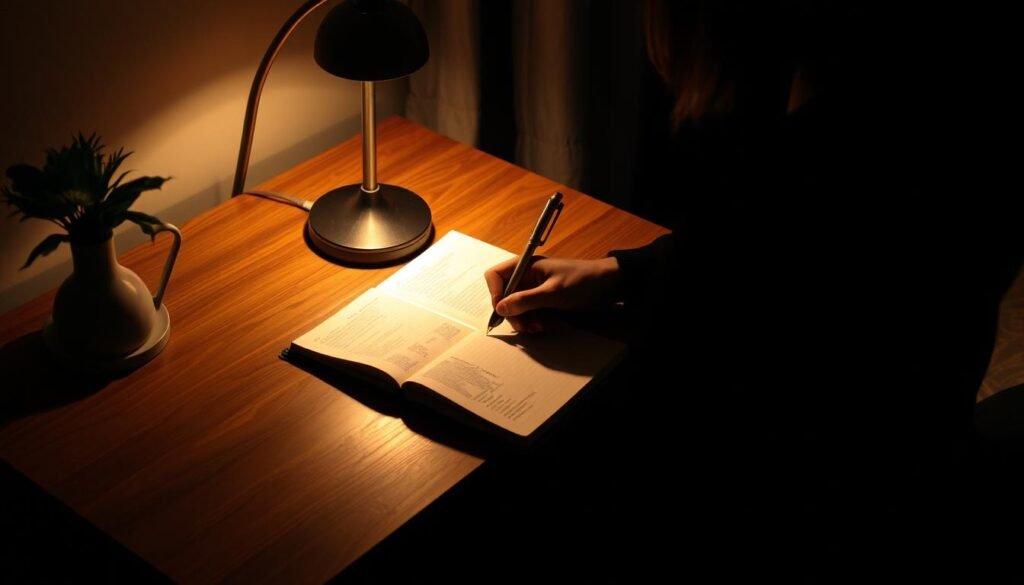 Serene nighttime scene with a person sitting at a wooden desk, writing in a journal by the soft glow of a bedside lamp. Soft shadows cast across the surface, creating a contemplative atmosphere. The journal pages are illuminated, hinting at the act of introspective reflection. Warm, cozy tones fill the room, conveying a sense of peace and tranquility. The setup suggests the benefits of nightly journaling - a routine to unwind the mind and prepare for restful sleep. Serene nighttime scene with a person sitting at a wooden desk, writing in a journal by the soft glow of a bedside lamp. Soft shadows cast across the surface, creating a contemplative atmosphere. The journal pages are illuminated, hinting at the act of introspective reflection. Warm, cozy tones fill the room, conveying a sense of peace and tranquility. The setup suggests the benefits of nightly journaling - a routine to unwind the mind and prepare for restful sleep.