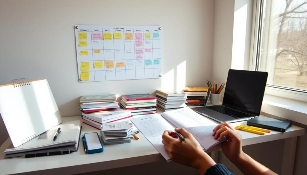Sunlit study nook, crisp white desk, organized stacks of textbooks, highlighters, and a sleek laptop. On the wall, a weekly planner grid, color-coded with meticulous notes. Soft, directional lighting from a large window, casting a warm glow. In the foreground, a pair of hands, pen in hand, reviewing class materials with focused attention. The overall atmosphere is one of productivity, clarity, and a sense of control over one's academic journey.