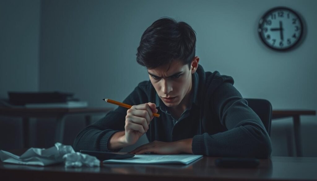 Tension during Exam: A tense student sitting at a desk, brow furrowed, pencil gripped tightly, surrounded by an oppressive atmosphere of stress. Dim lighting casts shadows across the scene, heightening the sense of pressure. The desk is cluttered with crumpled papers and a calculator, reflecting the mental strain. A clock on the wall ticks ominously, reminding the student of the ticking time. The background is blurred, with muted colors, emphasizing the student's singular focus. Soft, cool tones create a somber, serious mood, capturing the weight of the examination experience. Tension during Exam: A tense student sitting at a desk, brow furrowed, pencil gripped tightly, surrounded by an oppressive atmosphere of stress. Dim lighting casts shadows across the scene, heightening the sense of pressure. The desk is cluttered with crumpled papers and a calculator, reflecting the mental strain. A clock on the wall ticks ominously, reminding the student of the ticking time. The background is blurred, with muted colors, emphasizing the student's singular focus. Soft, cool tones create a somber, serious mood, capturing the weight of the examination experience.