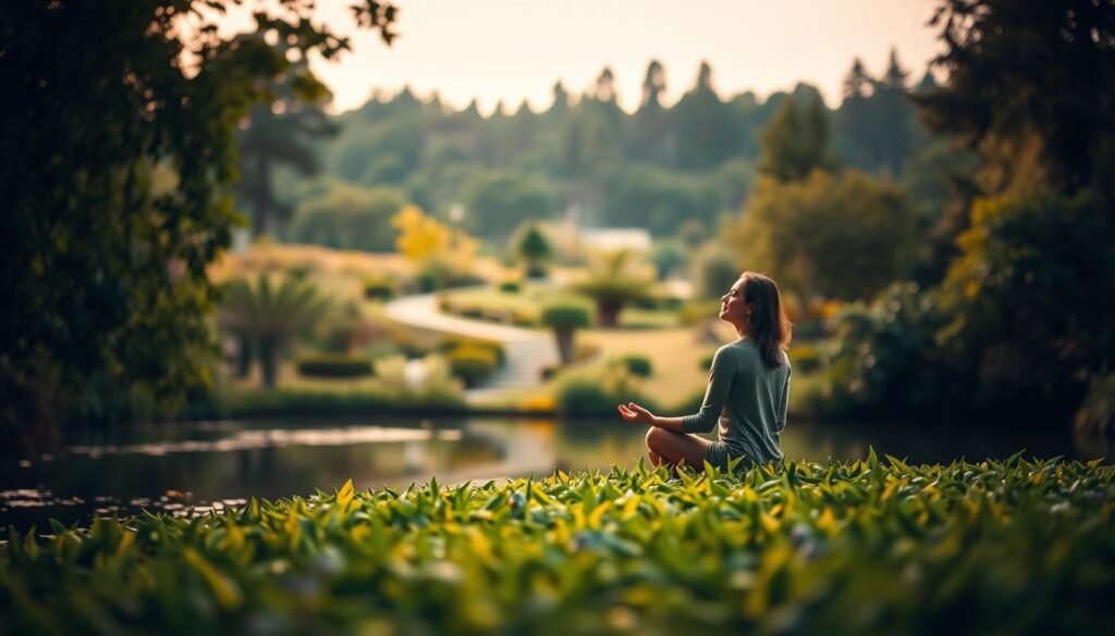 Tranquil landscape with a serene pond reflecting the sky, surrounded by lush, verdant foliage. In the foreground, a person sits in a meditative pose, eyes closed, exuding a sense of inner calm and focused attention. The middle ground features a path winding through the garden, symbolizing the journey of mindfulness. The background is a softly blurred forest, conveying a sense of seclusion and retreat from the outside world. Warm, diffused lighting creates a peaceful, contemplative atmosphere, inviting the viewer to pause and reflect on the moment. Tranquil landscape with a serene pond reflecting the sky, surrounded by lush, verdant foliage. In the foreground, a person sits in a meditative pose, eyes closed, exuding a sense of inner calm and focused attention. The middle ground features a path winding through the garden, symbolizing the journey of mindfulness. The background is a softly blurred forest, conveying a sense of seclusion and retreat from the outside world. Warm, diffused lighting creates a peaceful, contemplative atmosphere, inviting the viewer to pause and reflect on the moment.