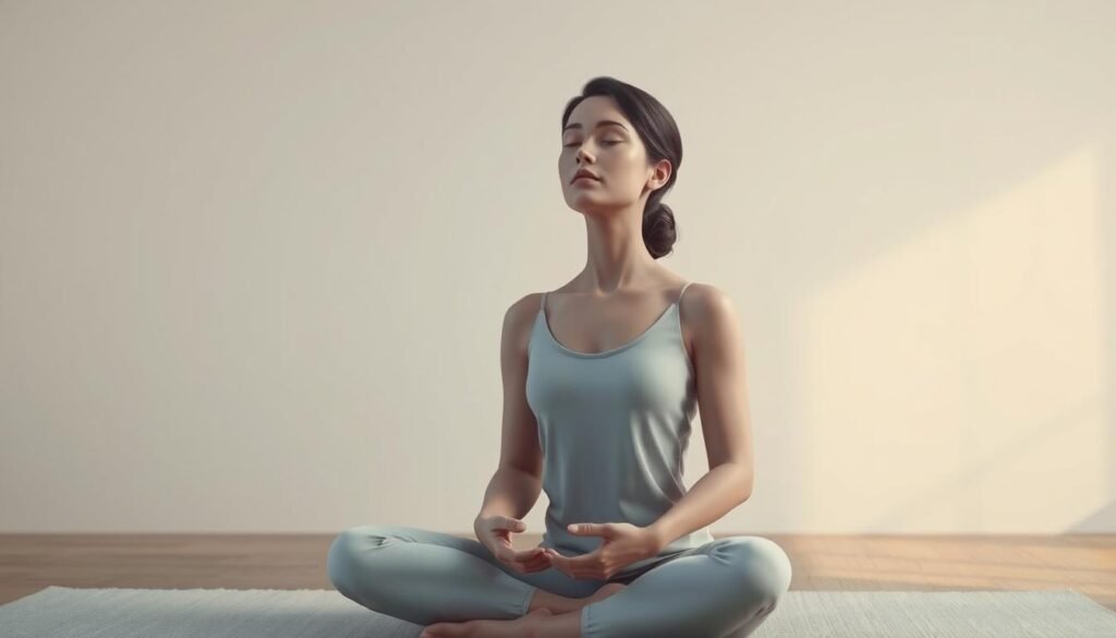 Two-minute breathing exercises, a peaceful scene with a person sitting in a comfortable position, eyes closed, hands resting on their lap. The background is a serene, minimalist environment, with soft lighting and muted colors that evoke a sense of calm and relaxation. The figure is rendered in a detailed, photorealistic style, their expression serene and focused, embodying the tranquility of the practice. The composition is well-balanced, drawing the viewer's attention to the central figure and their rhythmic breathing. The overall mood is one of serenity, inviting the viewer to participate in the restorative practice. Two-minute breathing exercises, a peaceful scene with a person sitting in a comfortable position, eyes closed, hands resting on their lap. The background is a serene, minimalist environment, with soft lighting and muted colors that evoke a sense of calm and relaxation. The figure is rendered in a detailed, photorealistic style, their expression serene and focused, embodying the tranquility of the practice. The composition is well-balanced, drawing the viewer's attention to the central figure and their rhythmic breathing. The overall mood is one of serenity, inviting the viewer to participate in the restorative practice.