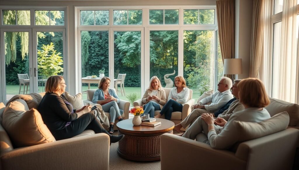 a brightly lit living room with large windows overlooking a lush garden, a group of people sitting comfortably on plush sofas and armchairs, engaged in lively conversation, a sense of warmth and connection radiating throughout the scene, the room is tastefully decorated with neutral tones and natural textures, creating a calming and inviting atmosphere, the lighting is soft and diffused, accentuating the faces of the people and the details of the furnishings, the overall composition conveys a feeling of a supportive, nurturing environment where people can feel understood and cared for