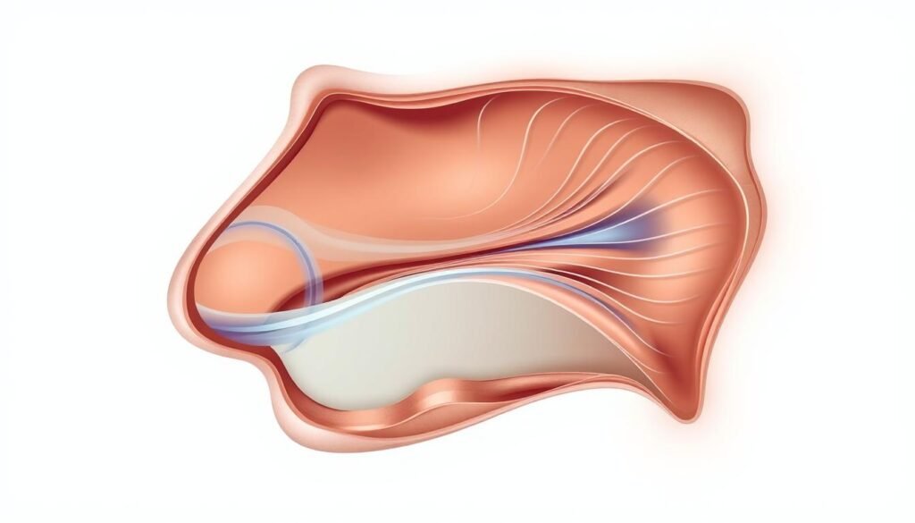 a highly detailed, anatomically accurate cross-section illustration of the nasal cavity, showing the intricate structures and airflow pathways within the nose. Rendered in a clean, scientific style with muted colors, precise linework, and subtle textures. Clearly depicts the nasal vestibule, nasal conchae, nasal septum, and the turbulent airflow patterns as air moves through the nasal passages. The image should convey a sense of depth and three-dimensionality, allowing the viewer to visualize the internal nasal anatomy. Lit by neutral, diffused lighting to emphasize the form and structure, without distracting shadows or highlights. Presented from a slightly angled, cross-sectional perspective to maximize the clarity of the anatomical details. a highly detailed, anatomically accurate cross-section illustration of the nasal cavity, showing the intricate structures and airflow pathways within the nose. Rendered in a clean, scientific style with muted colors, precise linework, and subtle textures. Clearly depicts the nasal vestibule, nasal conchae, nasal septum, and the turbulent airflow patterns as air moves through the nasal passages. The image should convey a sense of depth and three-dimensionality, allowing the viewer to visualize the internal nasal anatomy. Lit by neutral, diffused lighting to emphasize the form and structure, without distracting shadows or highlights. Presented from a slightly angled, cross-sectional perspective to maximize the clarity of the anatomical details.