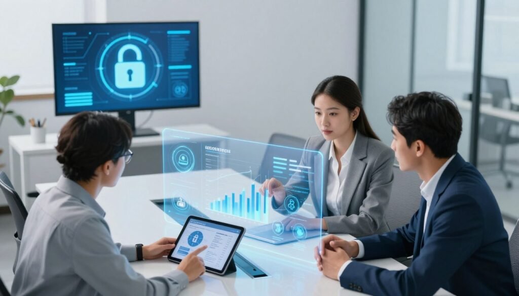 A conceptually rich illustration depicting security and compliance best practices in a modern office environment. In the foreground, a diverse group of three professionals—two men and one woman—are engaged in a discussion around a sleek conference table, examining digital security reports on a tablet. The woman, in business attire, points to a graph, while the two men, also dressed professionally, listen intently. The middle of the scene features a transparent screen displaying key security metrics and compliance icons, glowing subtly to emphasize the importance of data integrity. In the background, a wall-mounted monitor showcases a digital padlock symbolizing robust security measures. The space is well-lit with a cool, professional ambiance, using soft blue and white tones to convey trust and efficiency. The angle is slightly aerial, capturing the collaborative spirit and modern technology integration. A conceptually rich illustration depicting security and compliance best practices in a modern office environment. In the foreground, a diverse group of three professionals—two men and one woman—are engaged in a discussion around a sleek conference table, examining digital security reports on a tablet. The woman, in business attire, points to a graph, while the two men, also dressed professionally, listen intently. The middle of the scene features a transparent screen displaying key security metrics and compliance icons, glowing subtly to emphasize the importance of data integrity. In the background, a wall-mounted monitor showcases a digital padlock symbolizing robust security measures. The space is well-lit with a cool, professional ambiance, using soft blue and white tones to convey trust and efficiency. The angle is slightly aerial, capturing the collaborative spirit and modern technology integration.