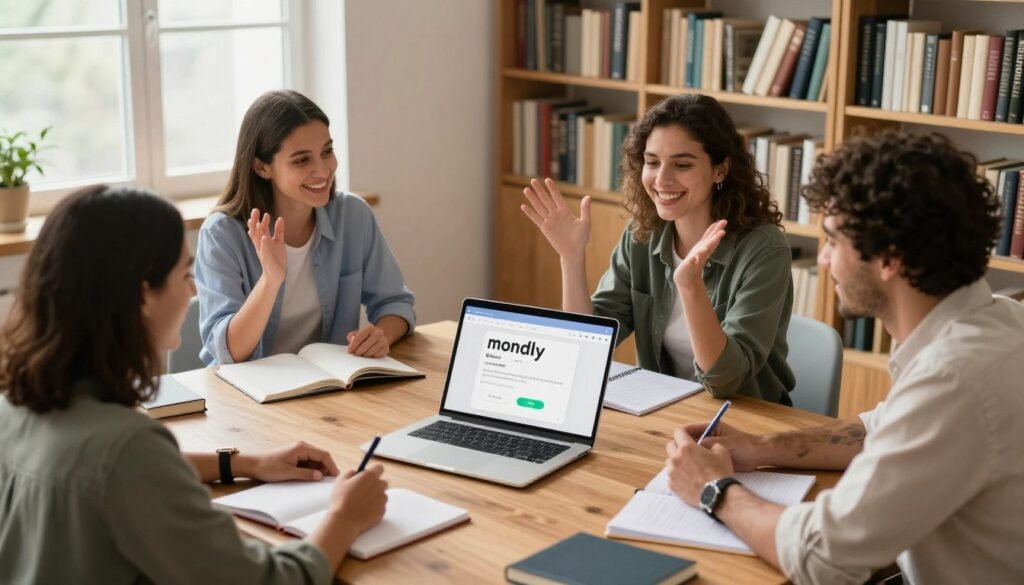 A cozy, inviting study space filled with bookshelves and a large wooden desk. In the foreground, a diverse group of three learners—two women and one man—are engaged in a lively discussion about their language learning experiences using Mondly. They are dressed in smart casual attire, with warm smiles and animated gestures conveying enthusiasm. In the middle, a laptop displaying the Mondly platform is open on the desk, surrounded by notebooks and pens indicating active study. The background features a window with soft, natural light streaming in, creating a bright and positive atmosphere. The scene radiates a sense of community, engagement, and the joy of learning. The angle is slightly elevated, offering a clear view of the interaction among the learners while capturing the inviting ambiance of the study area. A cozy, inviting study space filled with bookshelves and a large wooden desk. In the foreground, a diverse group of three learners—two women and one man—are engaged in a lively discussion about their language learning experiences using Mondly. They are dressed in smart casual attire, with warm smiles and animated gestures conveying enthusiasm. In the middle, a laptop displaying the Mondly platform is open on the desk, surrounded by notebooks and pens indicating active study. The background features a window with soft, natural light streaming in, creating a bright and positive atmosphere. The scene radiates a sense of community, engagement, and the joy of learning. The angle is slightly elevated, offering a clear view of the interaction among the learners while capturing the inviting ambiance of the study area.