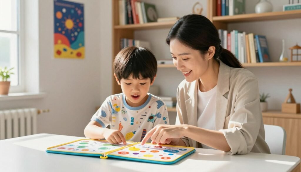 A cozy, well-lit room filled with bookshelves and colorful posters of scientific themes in the background. In the foreground, a gently smiling parent and child sit at a table, examining an open MEL Science kit. The parent, dressed in smart casual attire, points at an experiment inside the kit, while the child, wearing a playful t-shirt, looks intrigued and excited. The scene is bright and cheerful, with natural light streaming in through a nearby window, casting soft shadows. The camera angle is slightly elevated, capturing both the child’s fascination and the kit’s colorful contents. Overall, the mood is one of curiosity and encouragement, emphasizing the joy of science exploration. A cozy, well-lit room filled with bookshelves and colorful posters of scientific themes in the background. In the foreground, a gently smiling parent and child sit at a table, examining an open MEL Science kit. The parent, dressed in smart casual attire, points at an experiment inside the kit, while the child, wearing a playful t-shirt, looks intrigued and excited. The scene is bright and cheerful, with natural light streaming in through a nearby window, casting soft shadows. The camera angle is slightly elevated, capturing both the child’s fascination and the kit’s colorful contents. Overall, the mood is one of curiosity and encouragement, emphasizing the joy of science exploration.