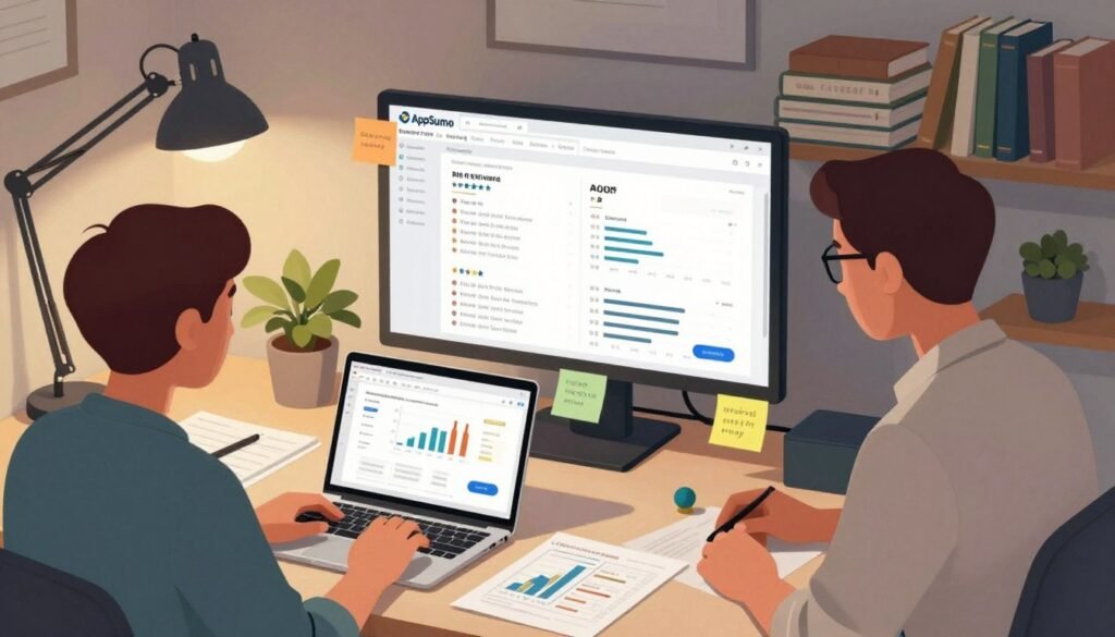 A detailed digital illustration of a professional workspace centered around the vetting process for AppSumo deals. In the foreground, a focused individual in smart casual attire is reviewing software on a laptop, with charts and notes spread across the desk. The middle section features a large monitor displaying graphs of user reviews and deal comparisons, surrounded by colorful sticky notes. In the background, shelves stacked with books about business strategy and technology line the walls, with a plant adding a touch of greenery. The scene is illuminated by warm, soft lighting from a desk lamp, creating a focused and productive atmosphere. The angle is slightly elevated, providing a clear view of the workspace, emphasizing diligence and professionalism in the research process. A detailed digital illustration of a professional workspace centered around the vetting process for AppSumo deals. In the foreground, a focused individual in smart casual attire is reviewing software on a laptop, with charts and notes spread across the desk. The middle section features a large monitor displaying graphs of user reviews and deal comparisons, surrounded by colorful sticky notes. In the background, shelves stacked with books about business strategy and technology line the walls, with a plant adding a touch of greenery. The scene is illuminated by warm, soft lighting from a desk lamp, creating a focused and productive atmosphere. The angle is slightly elevated, providing a clear view of the workspace, emphasizing diligence and professionalism in the research process.