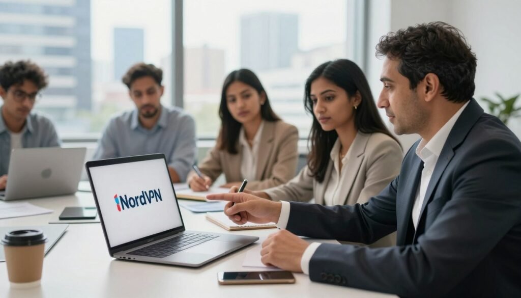 A diverse group of professionals sitting at a modern office table, actively discussing the importance of using a Virtual Private Network (VPN) for online security and privacy. In the foreground, a middle-aged Middle Eastern man in formal business attire is pointing at a laptop screen displaying a NordVPN logo. Beside him, a young South Asian woman in smart casual clothing is taking notes, looking engaged. In the background, a bright, well-lit office environment with large windows showcasing a city skyline, creating an atmosphere of professionalism and innovation. Soft natural lighting enhances the scene, casting gentle shadows that add depth. The image conveys a sense of urgency and importance regarding online privacy while showcasing a collaborative and diverse work environment. A diverse group of professionals sitting at a modern office table, actively discussing the importance of using a Virtual Private Network (VPN) for online security and privacy. In the foreground, a middle-aged Middle Eastern man in formal business attire is pointing at a laptop screen displaying a NordVPN logo. Beside him, a young South Asian woman in smart casual clothing is taking notes, looking engaged. In the background, a bright, well-lit office environment with large windows showcasing a city skyline, creating an atmosphere of professionalism and innovation. Soft natural lighting enhances the scene, casting gentle shadows that add depth. The image conveys a sense of urgency and importance regarding online privacy while showcasing a collaborative and diverse work environment.