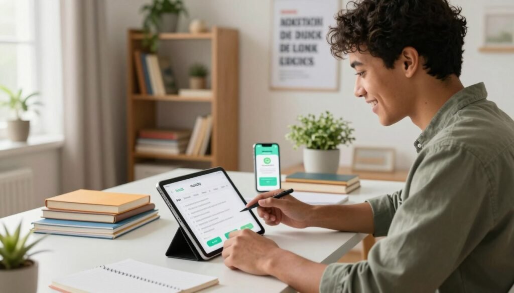 A focused, enthusiastic learner sitting at a modern desk, immersed in studying a language through an app on a tablet. The foreground features the user, a young adult of diverse heritage, wearing smart casual attire, with a look of concentration on their face. In the middle ground, a well-organized workspace with books, notebooks, and a smartphone displaying the Mondly app interface. The background incorporates a cozy, well-lit room with a bookshelf, plants, and a motivational poster about language learning. Soft natural light filters through a window, creating a warm, inviting atmosphere that encourages learning. The overall mood is one of determination and excitement about language acquisition, perfectly capturing the essence of the ideal user for a language learning app. A focused, enthusiastic learner sitting at a modern desk, immersed in studying a language through an app on a tablet. The foreground features the user, a young adult of diverse heritage, wearing smart casual attire, with a look of concentration on their face. In the middle ground, a well-organized workspace with books, notebooks, and a smartphone displaying the Mondly app interface. The background incorporates a cozy, well-lit room with a bookshelf, plants, and a motivational poster about language learning. Soft natural light filters through a window, creating a warm, inviting atmosphere that encourages learning. The overall mood is one of determination and excitement about language acquisition, perfectly capturing the essence of the ideal user for a language learning app.