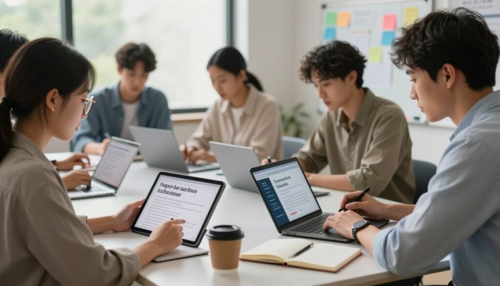 A focused scene depicting a diverse group of individuals sitting around a modern table, reviewing language teacher profiles on digital devices. In the foreground, a woman with glasses is thoughtfully analyzing a tablet, while a man in a smart casual shirt takes notes on a laptop. In the middle, open notebooks and coffee cups suggest an atmosphere of collaboration and discussion. Soft, natural lighting filters through a large window, creating a productive ambiance. In the background, a whiteboard with pinned notes and colorful charts adds to the educational feel. The overall mood is focused and professional, showcasing the decision-making process of finding the perfect language tutor. A focused scene depicting a diverse group of individuals sitting around a modern table, reviewing language teacher profiles on digital devices. In the foreground, a woman with glasses is thoughtfully analyzing a tablet, while a man in a smart casual shirt takes notes on a laptop. In the middle, open notebooks and coffee cups suggest an atmosphere of collaboration and discussion. Soft, natural lighting filters through a large window, creating a productive ambiance. In the background, a whiteboard with pinned notes and colorful charts adds to the educational feel. The overall mood is focused and professional, showcasing the decision-making process of finding the perfect language tutor.