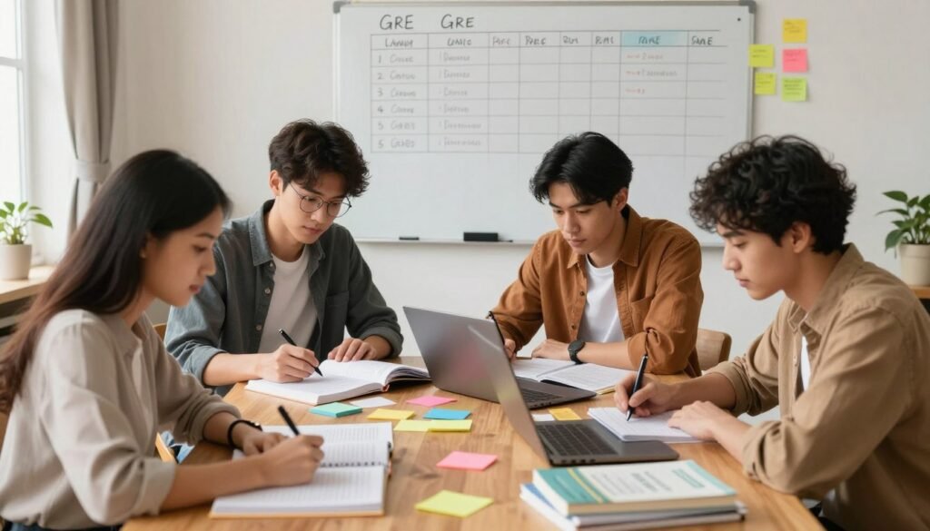 A focused study scene depicting a diverse group of four students engaged in GRE preparation within a cozy and well-lit study room. In the foreground, a female student with long dark hair is taking notes while seated at a wooden table filled with textbooks, notebooks, and a laptop. The middle ground features two male students collaborating on a GRE practice test, surrounded by colorful sticky notes and study guides. In the background, a large whiteboard displays a neatly organized study plan with timelines and key topics. Soft, warm lighting enhances the atmosphere, creating a sense of motivation and focus. The overall mood is encouraging and inspiring, highlighting the importance of effective study plans in GRE preparation. A focused study scene depicting a diverse group of four students engaged in GRE preparation within a cozy and well-lit study room. In the foreground, a female student with long dark hair is taking notes while seated at a wooden table filled with textbooks, notebooks, and a laptop. The middle ground features two male students collaborating on a GRE practice test, surrounded by colorful sticky notes and study guides. In the background, a large whiteboard displays a neatly organized study plan with timelines and key topics. Soft, warm lighting enhances the atmosphere, creating a sense of motivation and focus. The overall mood is encouraging and inspiring, highlighting the importance of effective study plans in GRE preparation.
