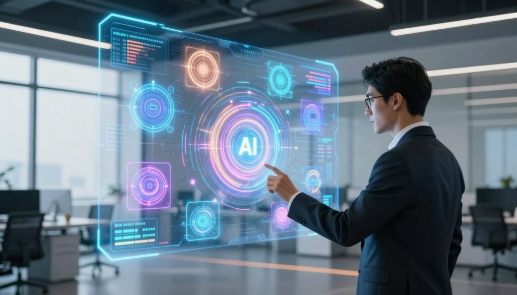 A futuristic, dynamic AI model selection process unfolds in a sleek, high-tech environment. In the foreground, a professional individual in business attire interacts with a holographic interface displaying a swirling array of AI models, each represented by vibrant, glowing shapes and intricate patterns. The middle layer shows a translucent digital screen with data analytics and performance metrics illuminating the scene. The background features a modern office space with large windows, allowing natural light to cascade in, juxtaposed with soft LED neon accents reflecting a cutting-edge atmosphere. The overall mood is energetic and forward-looking, suggesting the rapid evolution and accessibility of technology, while the use of focal lighting creates a depth that enhances the futuristic theme. A futuristic, dynamic AI model selection process unfolds in a sleek, high-tech environment. In the foreground, a professional individual in business attire interacts with a holographic interface displaying a swirling array of AI models, each represented by vibrant, glowing shapes and intricate patterns. The middle layer shows a translucent digital screen with data analytics and performance metrics illuminating the scene. The background features a modern office space with large windows, allowing natural light to cascade in, juxtaposed with soft LED neon accents reflecting a cutting-edge atmosphere. The overall mood is energetic and forward-looking, suggesting the rapid evolution and accessibility of technology, while the use of focal lighting creates a depth that enhances the futuristic theme.