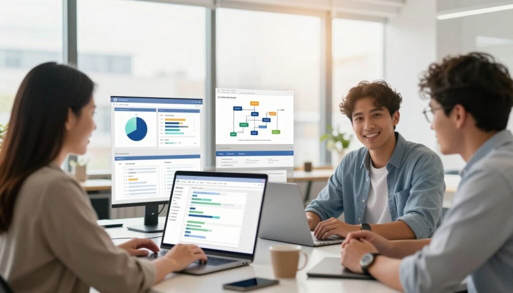A modern office environment illustrating the benefits of workflow automation for teams. In the foreground, a diverse group of three professionals—two women and one man—are engaged in a dynamic discussion around a sleek table covered with digital devices displaying automated workflows. In the middle, various visual elements showcase charts, graphs, and flow diagrams symbolizing efficient task management. The background features a large window with natural light flooding the space, adding warmth and an uplifting atmosphere. Use a shallow depth of field to emphasize the team while slightly blurring the background. The mood should be collaborative and invigorating, highlighting productivity and teamwork. Opt for bright and inviting colors to stimulate a sense of innovation and progress. A modern office environment illustrating the benefits of workflow automation for teams. In the foreground, a diverse group of three professionals—two women and one man—are engaged in a dynamic discussion around a sleek table covered with digital devices displaying automated workflows. In the middle, various visual elements showcase charts, graphs, and flow diagrams symbolizing efficient task management. The background features a large window with natural light flooding the space, adding warmth and an uplifting atmosphere. Use a shallow depth of field to emphasize the team while slightly blurring the background. The mood should be collaborative and invigorating, highlighting productivity and teamwork. Opt for bright and inviting colors to stimulate a sense of innovation and progress.