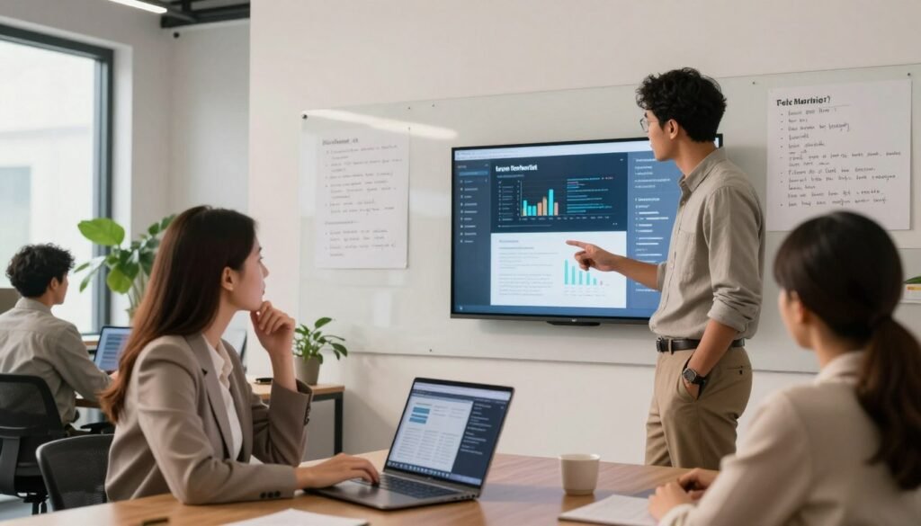 A modern office interior showcasing a group of diverse professionals engaged in evaluating a programming tool. In the foreground, a well-dressed woman is analyzing data on a laptop, her expression focused and thoughtful. To her right, a man in business casual attire is discussing key features displayed on a large screen, with charts and graphs highlighting user experiences. Behind them, a contemporary whiteboard filled with notes and user feedback covers one wall. Soft, bright lighting illuminates the scene, casting a warm glow that enhances a collaborative atmosphere. The background features sleek furniture and greenery to convey a progressive, tech-friendly environment. Aim for a balanced composition with an inviting and professional mood. A modern office interior showcasing a group of diverse professionals engaged in evaluating a programming tool. In the foreground, a well-dressed woman is analyzing data on a laptop, her expression focused and thoughtful. To her right, a man in business casual attire is discussing key features displayed on a large screen, with charts and graphs highlighting user experiences. Behind them, a contemporary whiteboard filled with notes and user feedback covers one wall. Soft, bright lighting illuminates the scene, casting a warm glow that enhances a collaborative atmosphere. The background features sleek furniture and greenery to convey a progressive, tech-friendly environment. Aim for a balanced composition with an inviting and professional mood.