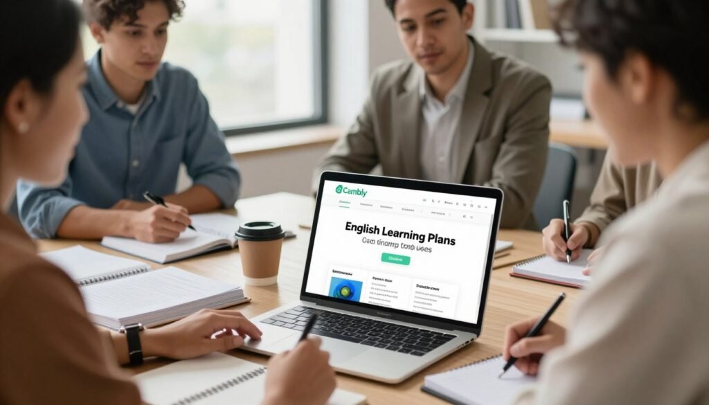 A modern office setting with a close-up view of a laptop displaying the Cambly website, focusing on different English learning plans. In the foreground, a diverse group of three adults, dressed in smart casual attire, are engaged in discussion, reviewing their options with notebooks and pens. The middle ground features a well-organized desk with study materials like grammar books and a coffee cup, while a large window in the background lets in soft, natural light, illuminating the scene. The atmosphere is collaborative and focused, conveying a sense of excitement and motivation for language learning. The composition is framed with a warm color palette, enhancing the inviting feel of the space, captured from a slightly elevated angle to highlight both the individuals and their study environment. A modern office setting with a close-up view of a laptop displaying the Cambly website, focusing on different English learning plans. In the foreground, a diverse group of three adults, dressed in smart casual attire, are engaged in discussion, reviewing their options with notebooks and pens. The middle ground features a well-organized desk with study materials like grammar books and a coffee cup, while a large window in the background lets in soft, natural light, illuminating the scene. The atmosphere is collaborative and focused, conveying a sense of excitement and motivation for language learning. The composition is framed with a warm color palette, enhancing the inviting feel of the space, captured from a slightly elevated angle to highlight both the individuals and their study environment.