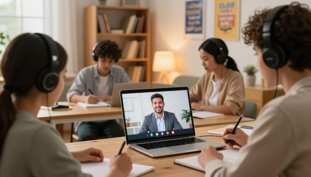 A modern online English tutoring platform scene featuring a diverse group of learners engaged in a virtual classroom. In the foreground, a laptop displays a friendly, professional tutor in business attire, attentively guiding students. The middle section shows three students at their desks in cozy, well-lit home environments, using headphones and note-taking as they interact with the tutor. In the background, a warm and inviting room with bookshelves filled with English literature and motivational posters related to language learning creates a supportive atmosphere. Soft, ambient lighting enhances the focus on the laptop screen while giving a sense of connection and engagement, highlighting the essence of mastering English with native speakers. The image should convey positivity and professionalism, encouraging a spirit of learning. A modern online English tutoring platform scene featuring a diverse group of learners engaged in a virtual classroom. In the foreground, a laptop displays a friendly, professional tutor in business attire, attentively guiding students. The middle section shows three students at their desks in cozy, well-lit home environments, using headphones and note-taking as they interact with the tutor. In the background, a warm and inviting room with bookshelves filled with English literature and motivational posters related to language learning creates a supportive atmosphere. Soft, ambient lighting enhances the focus on the laptop screen while giving a sense of connection and engagement, highlighting the essence of mastering English with native speakers. The image should convey positivity and professionalism, encouraging a spirit of learning.