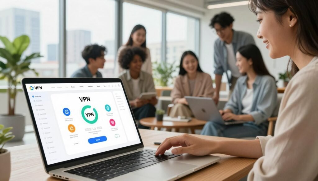 A modern, user-friendly interface of a VPN application displayed on a sleek laptop screen, with a diverse group of young professionals (dressed in smart casual attire) gathered around it, engaging and smiling as they explore the app's features. In the foreground, the laptop is open, showcasing vibrant icons and an intuitive layout. In the middle, the individuals are seated in a bright, stylish office space with plants and contemporary furniture, emphasizing a collaborative atmosphere. The background features large windows with a view of a city skyline, allowing natural light to pour in, creating a warm and inviting ambiance. The overall mood is one of ease, efficiency, and modern technology, highlighting the accessibility of using VPN applications. A modern, user-friendly interface of a VPN application displayed on a sleek laptop screen, with a diverse group of young professionals (dressed in smart casual attire) gathered around it, engaging and smiling as they explore the app's features. In the foreground, the laptop is open, showcasing vibrant icons and an intuitive layout. In the middle, the individuals are seated in a bright, stylish office space with plants and contemporary furniture, emphasizing a collaborative atmosphere. The background features large windows with a view of a city skyline, allowing natural light to pour in, creating a warm and inviting ambiance. The overall mood is one of ease, efficiency, and modern technology, highlighting the accessibility of using VPN applications.