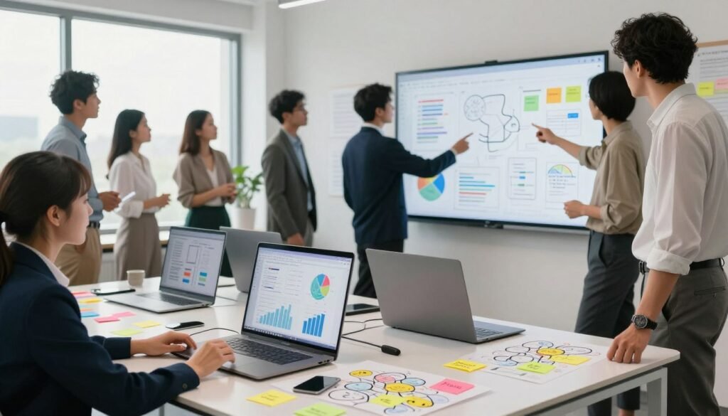 A modern workspace scene showcasing visualization and brainstorming tools. In the foreground, a sleek table covered with colorful sticky notes, mind maps, and digital devices displaying charts and graphs. In the middle ground, a diverse group of professionals in smart business attire collaborating, pointing at a large digital whiteboard filled with ideas and diagrams. The background features a bright, airy office with large windows allowing natural light to flood in, creating an inspiring atmosphere. Soft shadows enhance the clarity of the objects, while a slight depth of field focuses on the brainstorming tools. Overall, the mood is dynamic and creative, highlighting teamwork and innovation. A modern workspace scene showcasing visualization and brainstorming tools. In the foreground, a sleek table covered with colorful sticky notes, mind maps, and digital devices displaying charts and graphs. In the middle ground, a diverse group of professionals in smart business attire collaborating, pointing at a large digital whiteboard filled with ideas and diagrams. The background features a bright, airy office with large windows allowing natural light to flood in, creating an inspiring atmosphere. Soft shadows enhance the clarity of the objects, while a slight depth of field focuses on the brainstorming tools. Overall, the mood is dynamic and creative, highlighting teamwork and innovation.