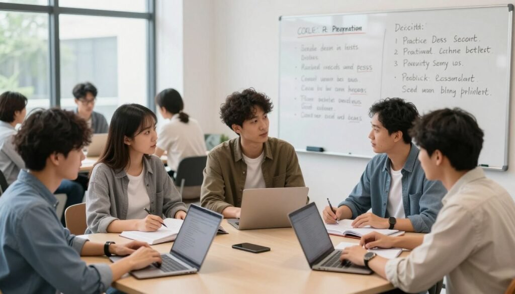 A professional and academic setting focused on evaluating GRE preparation quality. In the foreground, a diverse group of students, dressed in business casual attire, engaged in a discussion about GRE study materials, using laptops and textbooks. The middle ground features a large open area with a whiteboard filled with bullet points on quality assessment criteria, such as practice tests, feedback, and study plans. The background showcases a bright and modern study space with large windows, subtle greenery outside, and soft, even lighting that creates an inviting atmosphere. The overall mood is collaborative and focused, capturing the essence of serious study and preparation for the GRE exam. A professional and academic setting focused on evaluating GRE preparation quality. In the foreground, a diverse group of students, dressed in business casual attire, engaged in a discussion about GRE study materials, using laptops and textbooks. The middle ground features a large open area with a whiteboard filled with bullet points on quality assessment criteria, such as practice tests, feedback, and study plans. The background showcases a bright and modern study space with large windows, subtle greenery outside, and soft, even lighting that creates an inviting atmosphere. The overall mood is collaborative and focused, capturing the essence of serious study and preparation for the GRE exam.