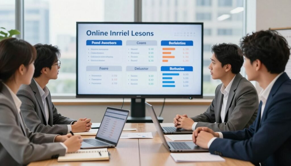 A professional and informative scene depicting the cost analysis of online language lessons. In the foreground, a diverse group of three individuals in professional attire are engaged in discussion around a large table filled with laptops, notebooks, and charts showing payment plans and cost comparisons. In the middle ground, a large screen displays visually appealing infographics related to online language learning costs. The background features a modern office setting with a soft-focus window showcasing a cityscape, allowing natural light to illuminate the room. The atmosphere should convey a sense of collaboration, focus, and professionalism, with a warm color palette and a slight depth of field to emphasize the foreground elements. A professional and informative scene depicting the cost analysis of online language lessons. In the foreground, a diverse group of three individuals in professional attire are engaged in discussion around a large table filled with laptops, notebooks, and charts showing payment plans and cost comparisons. In the middle ground, a large screen displays visually appealing infographics related to online language learning costs. The background features a modern office setting with a soft-focus window showcasing a cityscape, allowing natural light to illuminate the room. The atmosphere should convey a sense of collaboration, focus, and professionalism, with a warm color palette and a slight depth of field to emphasize the foreground elements.
