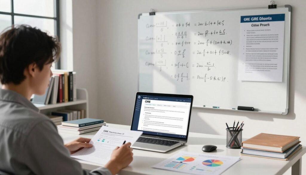A professional workspace dedicated to GRE prep, featuring a sleek desk with an open laptop displaying a GRE practice test interface. In the foreground, a focused individual in business casual attire reviews notes and strategies, surrounded by colorful charts and graphs illustrating test-taking decision-making processes. In the middle, a large whiteboard filled with written formulas and study plans, while an informative poster on the wall highlights key assessment strategies. Natural light streams in through a large window, casting soft shadows and creating a serene atmosphere. The background features bookshelves lined with GRE prep materials, suggesting a well-organized study environment. The overall mood is determined and inspiring, reflecting the journey towards achieving academic goals. A professional workspace dedicated to GRE prep, featuring a sleek desk with an open laptop displaying a GRE practice test interface. In the foreground, a focused individual in business casual attire reviews notes and strategies, surrounded by colorful charts and graphs illustrating test-taking decision-making processes. In the middle, a large whiteboard filled with written formulas and study plans, while an informative poster on the wall highlights key assessment strategies. Natural light streams in through a large window, casting soft shadows and creating a serene atmosphere. The background features bookshelves lined with GRE prep materials, suggesting a well-organized study environment. The overall mood is determined and inspiring, reflecting the journey towards achieving academic goals.