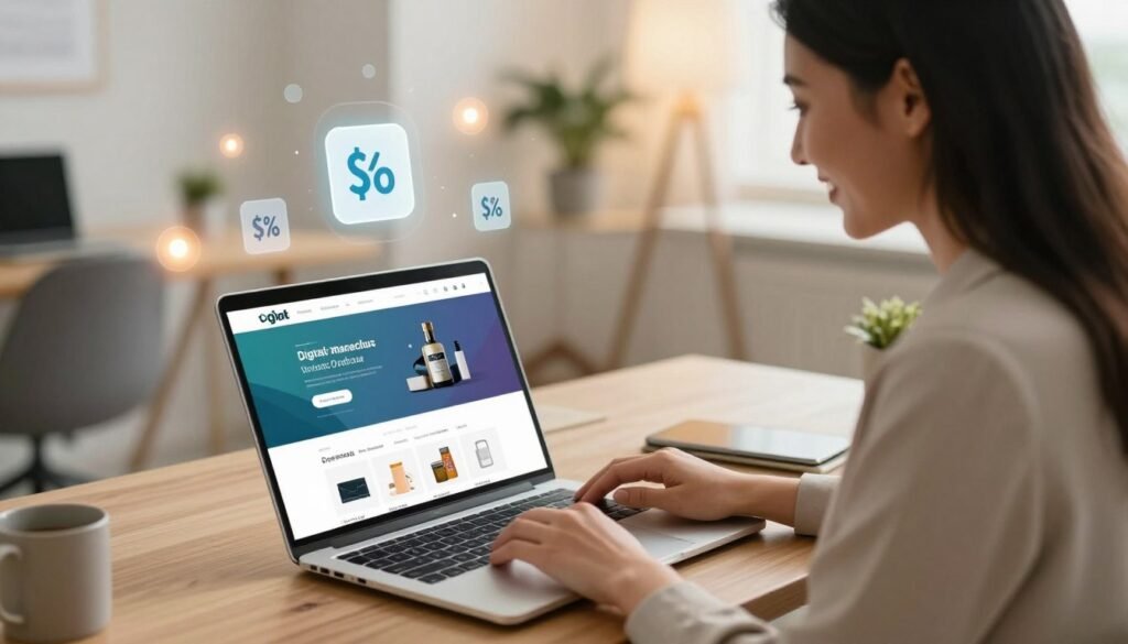 A sleek, modern digital marketplace scene showcasing a professional businesswoman browsing an attractive website on her laptop. The foreground features the laptop screen displaying vibrant graphics and enticing deals, illustrating the essence of exclusive discounts. The businesswoman is dressed in smart casual attire, smiling as she finds a great deal. In the middle ground, a clean and stylish office environment with a soft focus on furniture and decor. The background includes abstract elements representing digital commerce, with floating icons of products and discounts subtly glowing. The overall lighting is warm and inviting, creating a positive and motivating atmosphere, captured from a slightly elevated angle to emphasize the action of discovering great offers. A sleek, modern digital marketplace scene showcasing a professional businesswoman browsing an attractive website on her laptop. The foreground features the laptop screen displaying vibrant graphics and enticing deals, illustrating the essence of exclusive discounts. The businesswoman is dressed in smart casual attire, smiling as she finds a great deal. In the middle ground, a clean and stylish office environment with a soft focus on furniture and decor. The background includes abstract elements representing digital commerce, with floating icons of products and discounts subtly glowing. The overall lighting is warm and inviting, creating a positive and motivating atmosphere, captured from a slightly elevated angle to emphasize the action of discovering great offers.