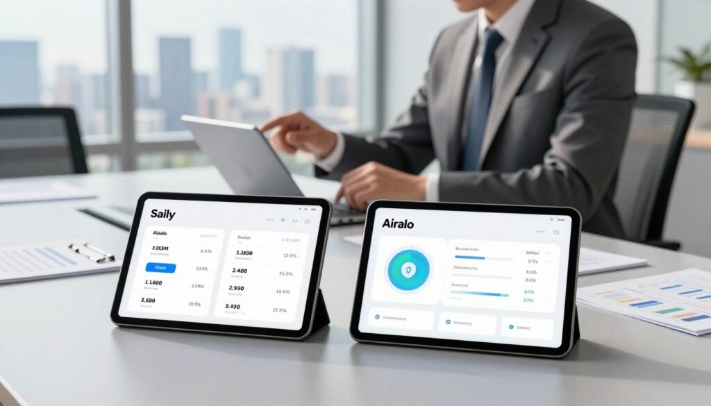 A sleek, modern office setting subtly conveying a sense of high-tech sophistication. In the foreground, two digital tablets side by side display the interfaces of Saily and Airalo eSIM services, with clear graphical comparisons of pricing and security features. The middle ground shows a business professional in a tailored suit, analyzing data on one tablet, while a modern conference table is scattered with minimalist marketing materials. The background features a large window revealing a city skyline, bathed in natural daylight to create a bright and optimistic atmosphere. The focus is sharp on the tablets, with a slight blur on the background to draw attention to the competitive comparison. Aim for a clean, professional aesthetic that emphasizes innovation and clarity. A sleek, modern office setting subtly conveying a sense of high-tech sophistication. In the foreground, two digital tablets side by side display the interfaces of Saily and Airalo eSIM services, with clear graphical comparisons of pricing and security features. The middle ground shows a business professional in a tailored suit, analyzing data on one tablet, while a modern conference table is scattered with minimalist marketing materials. The background features a large window revealing a city skyline, bathed in natural daylight to create a bright and optimistic atmosphere. The focus is sharp on the tablets, with a slight blur on the background to draw attention to the competitive comparison. Aim for a clean, professional aesthetic that emphasizes innovation and clarity.