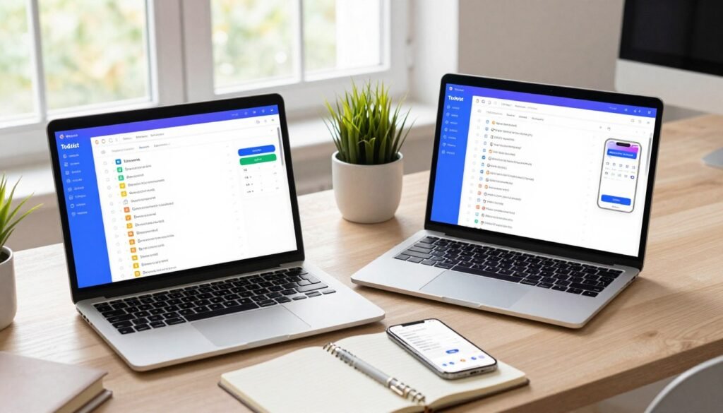 A sophisticated workspace featuring advanced task management tools. In the foreground, a sleek laptop displays Todoist's vibrant interface, showcasing task lists, colors, and deadlines. Beside it, a high-quality smartphone also shows the app, highlighting its versatility. In the middle ground, an organized desk with a notepad, stylish pens, and a modern desk plant creates a productive atmosphere. The background features a large window with natural light pouring in, giving a bright, inviting feel. The scene is captured with a wide-angle lens, emphasizing the feeling of spaciousness and focus. The overall mood is energetic and inspiring, perfect for boosting creativity and productivity in a professional environment. A sophisticated workspace featuring advanced task management tools. In the foreground, a sleek laptop displays Todoist's vibrant interface, showcasing task lists, colors, and deadlines. Beside it, a high-quality smartphone also shows the app, highlighting its versatility. In the middle ground, an organized desk with a notepad, stylish pens, and a modern desk plant creates a productive atmosphere. The background features a large window with natural light pouring in, giving a bright, inviting feel. The scene is captured with a wide-angle lens, emphasizing the feeling of spaciousness and focus. The overall mood is energetic and inspiring, perfect for boosting creativity and productivity in a professional environment.
