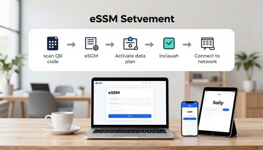 A step-by-step guide to eSIM setup, illustrated with a clean and modern design. In the foreground, a well-organized workspace featuring a laptop displaying an eSIM setup interface, accompanied by a smartphone and a tablet showcasing the Saily eSIM service. In the middle, a sleek infographic outlining the setup steps with icons for each stage, such as "scan QR code," "activate data plan," and "connect to network." The background includes a bright, airy office space with soft lighting, large windows, and greenery to convey a sense of simplicity and ease. The mood is professional yet approachable, promoting the convenience of international connectivity with Saily eSIM. A step-by-step guide to eSIM setup, illustrated with a clean and modern design. In the foreground, a well-organized workspace featuring a laptop displaying an eSIM setup interface, accompanied by a smartphone and a tablet showcasing the Saily eSIM service. In the middle, a sleek infographic outlining the setup steps with icons for each stage, such as "scan QR code," "activate data plan," and "connect to network." The background includes a bright, airy office space with soft lighting, large windows, and greenery to convey a sense of simplicity and ease. The mood is professional yet approachable, promoting the convenience of international connectivity with Saily eSIM.
