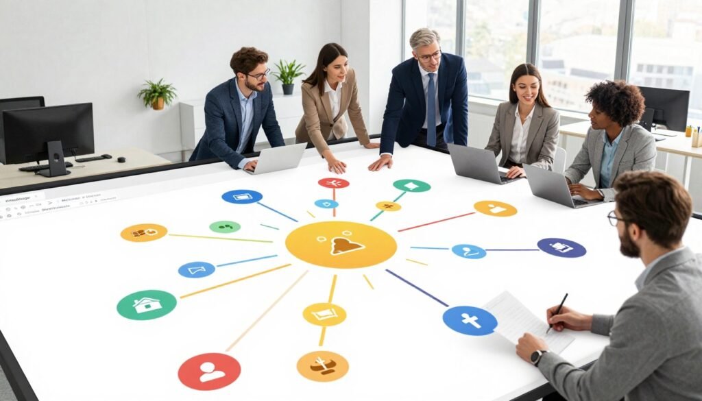 A vibrant and creative visualization of mind mapping software in action. In the foreground, dynamic mind map branches radiate from a central idea, illustrated with colorful icons and symbols representing project management concepts. The middle layer features individuals dressed in professional business attire, engaged around a digital touchscreen interface, collaborating enthusiastically as they manipulate elements of the mind map. The background showcases a modern office environment with sleek, minimalistic design, bathed in bright, natural light filtering through large windows. The atmosphere is energetic and inspiring, highlighting the innovative and collaborative essence of MindManager software, captured from a slight overhead angle to emphasize the interconnected ideas and teamwork. A vibrant and creative visualization of mind mapping software in action. In the foreground, dynamic mind map branches radiate from a central idea, illustrated with colorful icons and symbols representing project management concepts. The middle layer features individuals dressed in professional business attire, engaged around a digital touchscreen interface, collaborating enthusiastically as they manipulate elements of the mind map. The background showcases a modern office environment with sleek, minimalistic design, bathed in bright, natural light filtering through large windows. The atmosphere is energetic and inspiring, highlighting the innovative and collaborative essence of MindManager software, captured from a slight overhead angle to emphasize the interconnected ideas and teamwork.