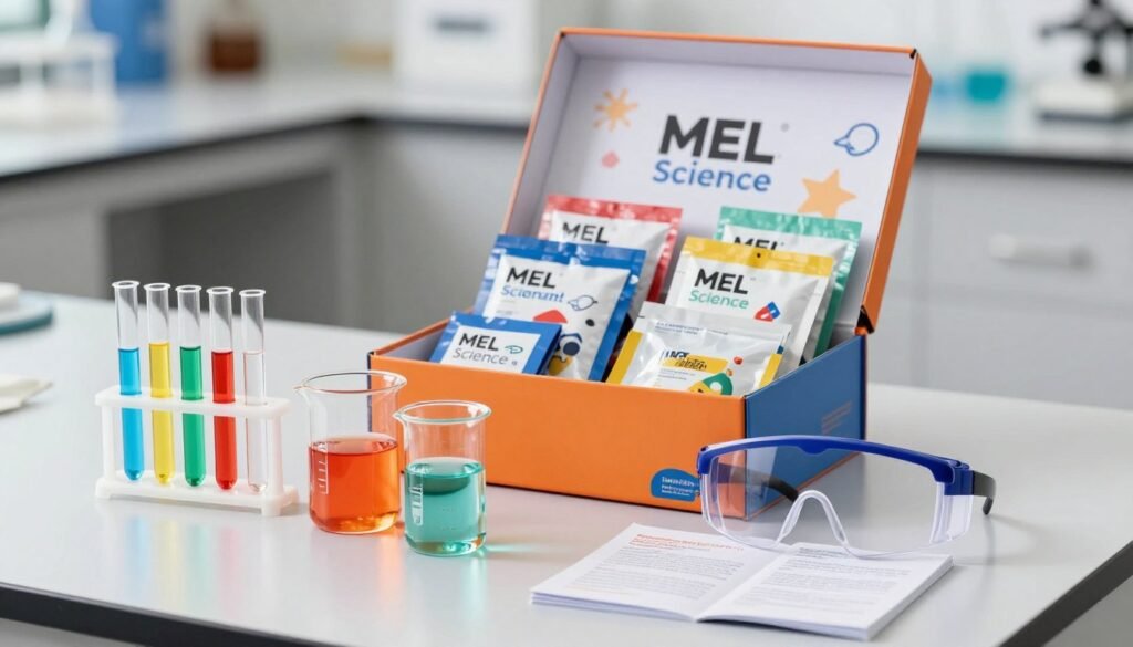 A vibrant and detailed image showcasing the contents of a MEL Science experiment box. In the foreground, display various scientific tools and materials such as test tubes, beakers filled with colorful liquids, a safety goggles set, and a small instruction booklet. In the middle ground, include an open box overflowing with neatly organized packets of chemicals and experiment kits, illustrating fun and scientific exploration. The background should consist of a simple lab environment with a clean countertop and soft lighting that emphasizes the bright colors of the materials. Use a shallow depth of field to focus on the box’s contents, creating an engaging and inviting atmosphere that sparks curiosity and excitement in budding scientists. A vibrant and detailed image showcasing the contents of a MEL Science experiment box. In the foreground, display various scientific tools and materials such as test tubes, beakers filled with colorful liquids, a safety goggles set, and a small instruction booklet. In the middle ground, include an open box overflowing with neatly organized packets of chemicals and experiment kits, illustrating fun and scientific exploration. The background should consist of a simple lab environment with a clean countertop and soft lighting that emphasizes the bright colors of the materials. Use a shallow depth of field to focus on the box’s contents, creating an engaging and inviting atmosphere that sparks curiosity and excitement in budding scientists.