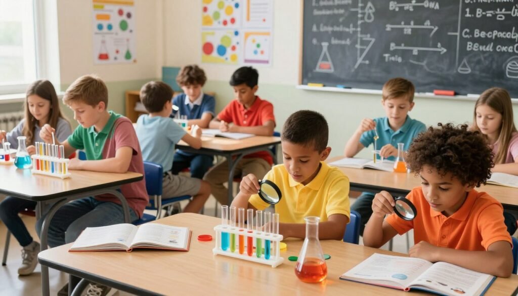 A vibrant and engaging classroom scene filled with children ages 8 to 12 eagerly exploring various science kits and experiments. In the foreground, a diverse group of kids, dressed in colorful casual clothing, actively engaged in hands-on experiments with test tubes, magnifying glasses, and a chemistry set, their expressions filled with curiosity and excitement. In the middle, tables are laden with open science kits that feature colorful materials like colorful liquids and science books, while posters of scientific diagrams and illustrations decorate the walls, enhancing the educational atmosphere. The background shows a chalkboard filled with fun science equations and diagrams, illuminated by warm, natural lighting streaming in from a nearby window, creating an inspiring and inviting mood that encourages learning through exploration and discovery. A vibrant and engaging classroom scene filled with children ages 8 to 12 eagerly exploring various science kits and experiments. In the foreground, a diverse group of kids, dressed in colorful casual clothing, actively engaged in hands-on experiments with test tubes, magnifying glasses, and a chemistry set, their expressions filled with curiosity and excitement. In the middle, tables are laden with open science kits that feature colorful materials like colorful liquids and science books, while posters of scientific diagrams and illustrations decorate the walls, enhancing the educational atmosphere. The background shows a chalkboard filled with fun science equations and diagrams, illuminated by warm, natural lighting streaming in from a nearby window, creating an inspiring and inviting mood that encourages learning through exploration and discovery.