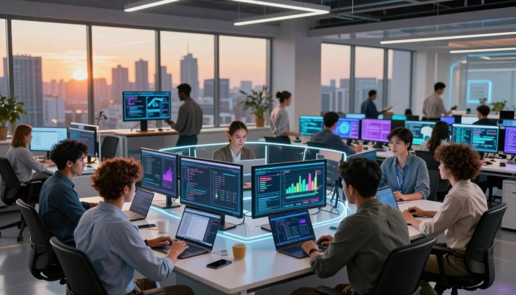 A vibrant and futuristic office space, filled with diverse developers of various ethnicities working collaboratively on advanced technology projects. In the foreground, a group of professionals, dressed in smart casual attire, are engaged in a brainstorming session around a sleek, high-tech table with laptops and digital displays showcasing data visualizations. The middle ground features transparent screens displaying coding and development concepts, with colorful graphs illuminating the space. In the background, large windows reveal a bustling city skyline, bathed in warm, ambient lighting of a sunset, conveying a sense of ambition and progress. The atmosphere is dynamic and innovative, reflecting a vision for global growth in developer numbers and expertise. A vibrant and futuristic office space, filled with diverse developers of various ethnicities working collaboratively on advanced technology projects. In the foreground, a group of professionals, dressed in smart casual attire, are engaged in a brainstorming session around a sleek, high-tech table with laptops and digital displays showcasing data visualizations. The middle ground features transparent screens displaying coding and development concepts, with colorful graphs illuminating the space. In the background, large windows reveal a bustling city skyline, bathed in warm, ambient lighting of a sunset, conveying a sense of ambition and progress. The atmosphere is dynamic and innovative, reflecting a vision for global growth in developer numbers and expertise.