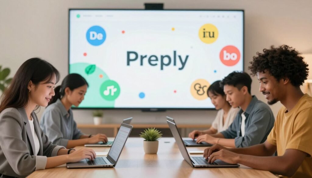 A vibrant and welcoming scene showcasing the beginning of a language learning journey on an interactive platform. In the foreground, a diverse group of individuals, including a woman in business attire and a man in casual wear, are engaged with laptops and tablets, appearing focused and motivated. In the middle ground, icons representing different languages and cultural symbols float around, illustrating the diversity of language learning. The background features a large, modern digital screen displaying the Preply logo surrounded by colorful educational graphics. Soft, warm lighting creates an inviting atmosphere, with a slight bokeh effect that emphasizes the subjects in the foreground. The overall mood is upbeat and inspiring, capturing the excitement of embarking on a new educational adventure. A vibrant and welcoming scene showcasing the beginning of a language learning journey on an interactive platform. In the foreground, a diverse group of individuals, including a woman in business attire and a man in casual wear, are engaged with laptops and tablets, appearing focused and motivated. In the middle ground, icons representing different languages and cultural symbols float around, illustrating the diversity of language learning. The background features a large, modern digital screen displaying the Preply logo surrounded by colorful educational graphics. Soft, warm lighting creates an inviting atmosphere, with a slight bokeh effect that emphasizes the subjects in the foreground. The overall mood is upbeat and inspiring, capturing the excitement of embarking on a new educational adventure.