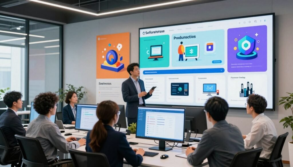 A vibrant digital workspace showcasing an array of software marketplace categories in a modern setting. In the foreground, a diverse group of professionals, dressed in smart business attire, engage in discussion around a large interactive screen displaying categorized software options such as productivity tools, graphic design, and cybersecurity solutions. The middle ground features large posters or icons representing different software categories, each with vivid colors and engaging visuals. The background consists of a sleek, contemporary office environment with glass walls and ambient lighting, allowing natural light to stream in, creating a bright and inspiring atmosphere. The overall mood conveys innovation and collaboration, inviting viewers to explore the possibilities within the software marketplace. A vibrant digital workspace showcasing an array of software marketplace categories in a modern setting. In the foreground, a diverse group of professionals, dressed in smart business attire, engage in discussion around a large interactive screen displaying categorized software options such as productivity tools, graphic design, and cybersecurity solutions. The middle ground features large posters or icons representing different software categories, each with vivid colors and engaging visuals. The background consists of a sleek, contemporary office environment with glass walls and ambient lighting, allowing natural light to stream in, creating a bright and inspiring atmosphere. The overall mood conveys innovation and collaboration, inviting viewers to explore the possibilities within the software marketplace.