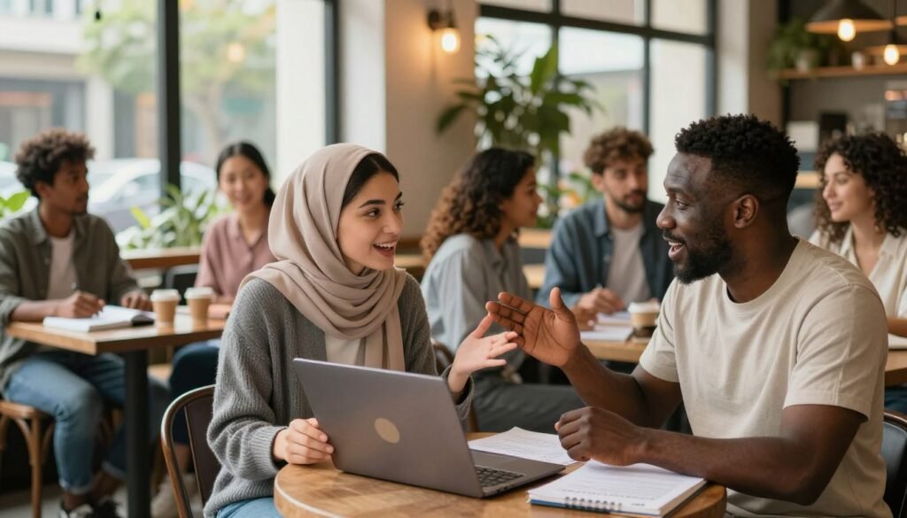 A vibrant, engaging scene depicting a diverse group of individuals engaged in a lively conversation, symbolizing real-life English language practice. Foreground: two people sitting at a café table, a young woman of Middle-Eastern descent and a middle-aged man of African descent, both in smart casual attire, animatedly discussing with a laptop open, showcasing the interaction of language learning. Middle ground: additional individuals from various ethnic backgrounds sitting or standing nearby, some with notebooks, emphasizing a collaborative learning environment. Background: an inviting café with warm, natural light streaming in through large windows, greenery outside, creating a comfortable atmosphere. A focus on expressions of enthusiasm and connection, captured in a slightly angled shot to enhance the dynamic feel of the image. A vibrant, engaging scene depicting a diverse group of individuals engaged in a lively conversation, symbolizing real-life English language practice. Foreground: two people sitting at a café table, a young woman of Middle-Eastern descent and a middle-aged man of African descent, both in smart casual attire, animatedly discussing with a laptop open, showcasing the interaction of language learning. Middle ground: additional individuals from various ethnic backgrounds sitting or standing nearby, some with notebooks, emphasizing a collaborative learning environment. Background: an inviting café with warm, natural light streaming in through large windows, greenery outside, creating a comfortable atmosphere. A focus on expressions of enthusiasm and connection, captured in a slightly angled shot to enhance the dynamic feel of the image.