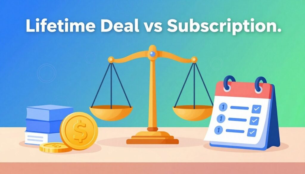 A vibrant financial comparison illustration showcasing "Lifetime Deal vs Subscription." In the foreground, a split-table layout: on one side, a gold coin symbolizing a lifetime deal with a stack of software boxes beside it, and on the other, a monthly subscription graphic displaying a calendar page with recurring payment icons. In the middle, an elegant balance scale weighing the two sides, emphasizing stability. The background features a soft gradient transitioning from blue to green, representing financial growth and stability. Use soft, diffused lighting to create a professional atmosphere, with a slight vignette to focus on the center. Aim for an informative and engaging mood, suitable for a business audience. A vibrant financial comparison illustration showcasing "Lifetime Deal vs Subscription." In the foreground, a split-table layout: on one side, a gold coin symbolizing a lifetime deal with a stack of software boxes beside it, and on the other, a monthly subscription graphic displaying a calendar page with recurring payment icons. In the middle, an elegant balance scale weighing the two sides, emphasizing stability. The background features a soft gradient transitioning from blue to green, representing financial growth and stability. Use soft, diffused lighting to create a professional atmosphere, with a slight vignette to focus on the center. Aim for an informative and engaging mood, suitable for a business audience.