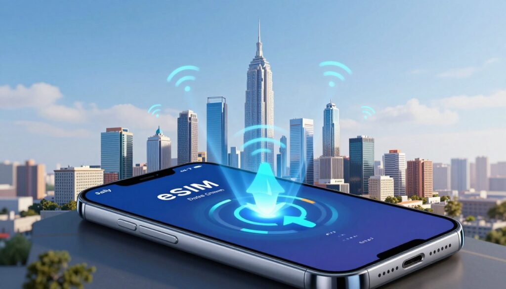 A vibrant, futuristic visual representation of eSIM data speed and coverage performance. In the foreground, display a sleek smartphone with an animated data speed graphic on its screen, showcasing fast download and upload speeds. In the middle, illustrate a dynamic cityscape with diverse modern buildings, symbolizing extensive network coverage—signals radiating outward to indicate strong connectivity. The background should feature a clear blue sky with faint clouds, enhancing a sense of reliability and optimal performance. Utilize natural lighting to create a polished, professional atmosphere, and position the camera at a slight angle below eye level for a dramatic effect. The overall mood should be optimistic and innovative, reflecting the advanced technology behind Saily eSIM. A vibrant, futuristic visual representation of eSIM data speed and coverage performance. In the foreground, display a sleek smartphone with an animated data speed graphic on its screen, showcasing fast download and upload speeds. In the middle, illustrate a dynamic cityscape with diverse modern buildings, symbolizing extensive network coverage—signals radiating outward to indicate strong connectivity. The background should feature a clear blue sky with faint clouds, enhancing a sense of reliability and optimal performance. Utilize natural lighting to create a polished, professional atmosphere, and position the camera at a slight angle below eye level for a dramatic effect. The overall mood should be optimistic and innovative, reflecting the advanced technology behind Saily eSIM.