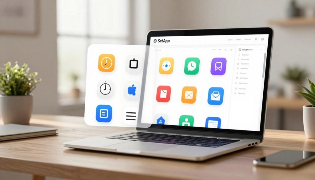 A visually appealing representation of the SetApp library interface, showcasing a sleek, modern digital workspace filled with colorful app icons organized in a grid layout. In the foreground, there are various app icons depicting productivity tools like timers, note-taking applications, and project management software, all designed with a clean, minimalist aesthetic. The middle ground features an open laptop displaying the SetApp library interface, illuminated by soft, warm lighting that creates an inviting atmosphere. The background should depict a bright, airy home office setting with a stylish desk, potted plants, and a soft-focus window providing natural light. The overall mood is focused and efficient, emphasizing a streamlined workflow conducive to productivity. A visually appealing representation of the SetApp library interface, showcasing a sleek, modern digital workspace filled with colorful app icons organized in a grid layout. In the foreground, there are various app icons depicting productivity tools like timers, note-taking applications, and project management software, all designed with a clean, minimalist aesthetic. The middle ground features an open laptop displaying the SetApp library interface, illuminated by soft, warm lighting that creates an inviting atmosphere. The background should depict a bright, airy home office setting with a stylish desk, potted plants, and a soft-focus window providing natural light. The overall mood is focused and efficient, emphasizing a streamlined workflow conducive to productivity.
